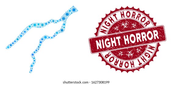 Coronavirus mosaic river icon and rounded corroded stamp seal with Night Horror phrase. Mosaic vector is created from river icon and with randomized sars symbols.