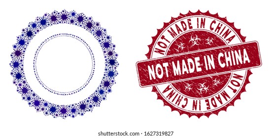 Coronavirus mosaic rosette seal frame icon and rounded distressed stamp seal with Not Made in China text. Mosaic vector is designed from rosette seal frame icon and with random bacillus objects.