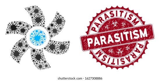 Coronavirus mosaic rotor icon and rounded distressed stamp seal with Parasitism caption. Mosaic vector is composed with rotor icon and with random mers icons. Parasitism seal uses biohazard style,