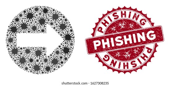 Coronavirus mosaic rounded arrow icon and round rubber stamp watermark with Phishing caption. Mosaic vector is composed with rounded arrow icon and with scattered pathogen objects.