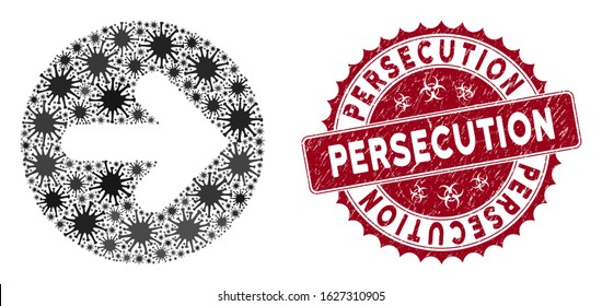 Coronavirus mosaic rounded arrow icon and rounded rubber stamp seal with Persecution phrase. Mosaic vector is formed with rounded arrow icon and with random sars items.