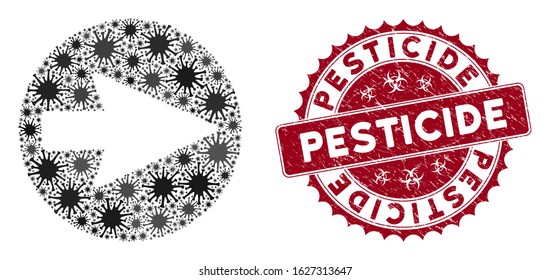 Coronavirus mosaic rounded arrow icon and round rubber stamp watermark with Pesticide phrase. Mosaic vector is designed with rounded arrow icon and with randomized pandemic icons.