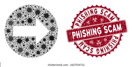 Coronavirus mosaic rounded arrow icon and round distressed stamp seal with Phishing Scam phrase. Mosaic vector is created with rounded arrow pictogram and with random sars icons.