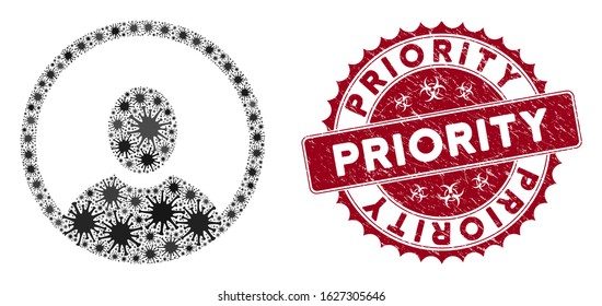 Coronavirus mosaic rounded user portrait icon and round grunge stamp seal with Priority text. Mosaic vector is designed from rounded user portrait icon and with scattered bacterium items.