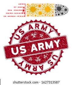 Coronavirus mosaic rush bullet icon and round rubber stamp seal with Us Army phrase. Mosaic vector is formed with rush bullet icon and with scattered infection icons.