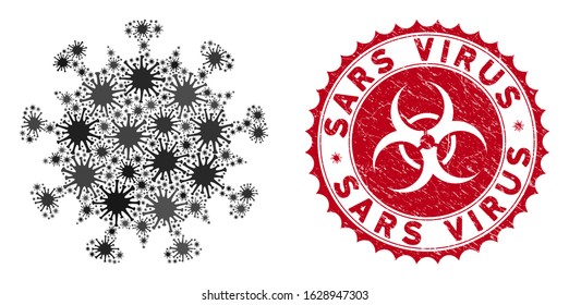 Coronavirus mosaic SARS virus icon and rounded rubber stamp watermark with Sars Virus phrase. Mosaic vector is formed with SARS virus icon and with random pathogen items.
