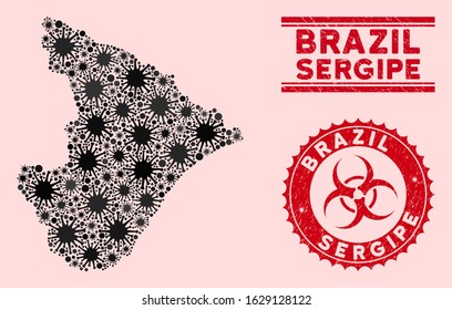 Coronavirus mosaic Sergipe State map and red grunge stamp watermarks with biohazard sign. Sergipe State map collage formed with random pathogen icons. Red round outbreak danger seal stamp,