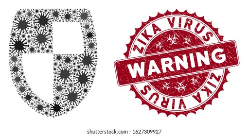 Coronavirus mosaic shield icon and rounded distressed stamp watermark with Zika Virus Warning text. Mosaic vector is formed with shield icon and with scattered microorganism objects.