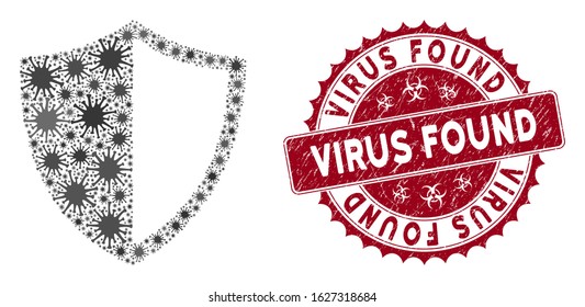 Coronavirus mosaic shield icon and rounded grunge stamp watermark with Virus Found phrase. Mosaic vector is created with shield icon and with randomized mers icons.