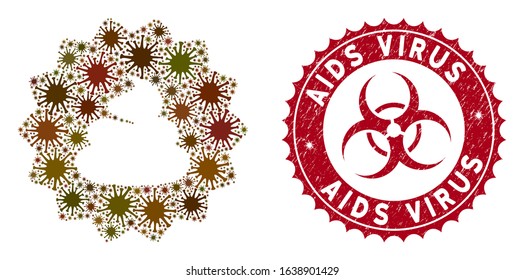 Coronavirus mosaic shit token icon and rounded rubber stamp watermark with AIDS Virus text. Mosaic vector is designed with shit token pictogram and with scattered mers-cov symbols.