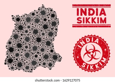 Coronavirus mosaic Sikkim State map and red grunge stamp watermarks with biohazard symbol. Sikkim State map collage constructed with random flu symbols. Red round outbreak danger stamp,