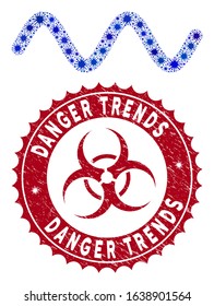 Coronavirus mosaic sinusoid wave icon and rounded grunge stamp seal with Danger Trends text. Mosaic vector is formed from sinusoid wave icon and with scattered contagious icons.