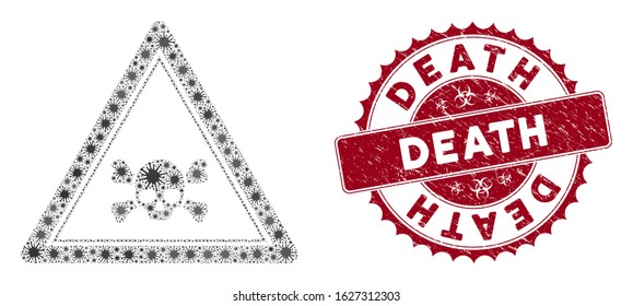 Coronavirus mosaic skull death triangle icon and rounded rubber stamp seal with Death caption. Mosaic vector is designed with skull death triangle icon and with randomized contagion items.