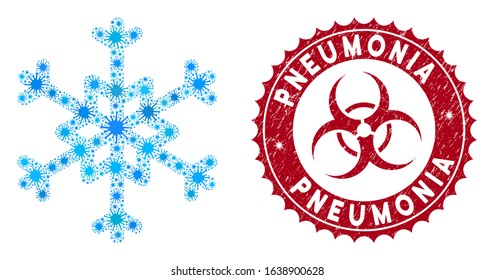Coronavirus mosaic snowflake icon and rounded distressed stamp seal with Pneumonia phrase. Mosaic vector is created from snowflake icon and with randomized microbe symbols.
