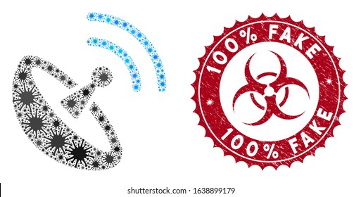 Coronavirus mosaic space antenna icon and rounded distressed stamp seal with 100% Fake phrase. Mosaic vector is designed with space antenna icon and with randomized pandemic icons.