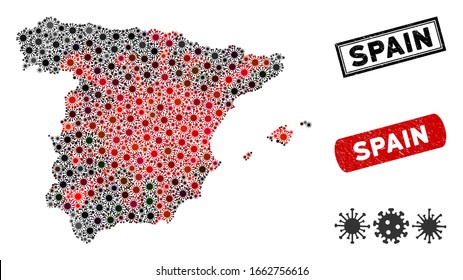 Coronavirus mosaic Spain map and rubber stamp watermarks. Spain map collage constructed with randomized red and black infection symbols. Rectangle watermarks, with dirty texture.