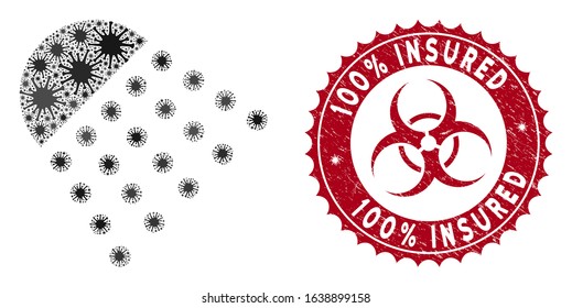 Coronavirus mosaic spray tool icon and round corroded stamp watermark with 100% Insured caption. Mosaic vector is designed with spray tool icon and with scattered contagion objects.