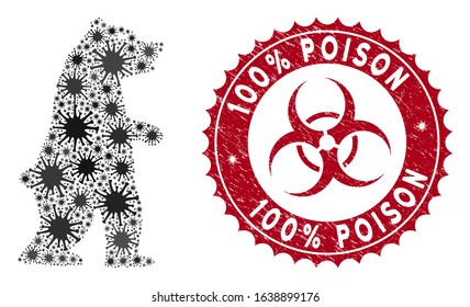 Coronavirus mosaic standing bear icon and rounded grunge stamp seal with 100% Poison phrase. Mosaic vector is created from standing bear icon and with random mers-cov items.