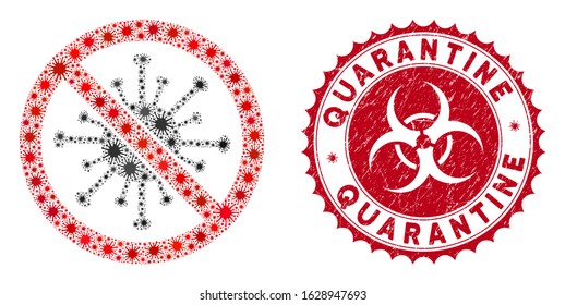 Coronavirus mosaic stop coronavirus icon and rounded rubber stamp watermark with Quarantine phrase. Mosaic vector is composed with stop coronavirus icon and with scattered pandemic elements.