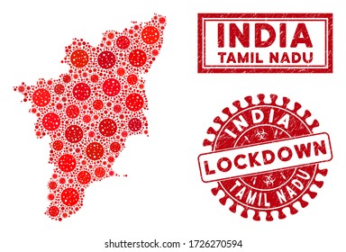 Coronavirus mosaic Tamil Nadu State map and seal stamps. Red rounded lockdown grunge watermark. Vector coronavirus infection elements are grouped into collage Tamil Nadu State map.