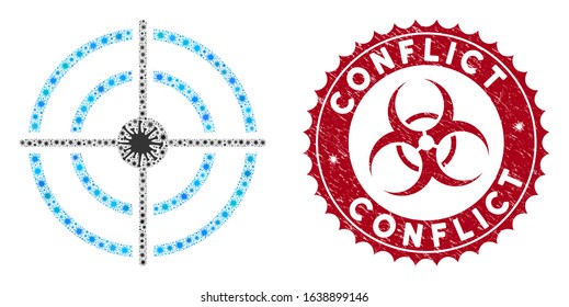 Coronavirus mosaic target icon and round grunge stamp seal with Conflict caption. Mosaic vector is designed with target icon and with scattered flu items. Conflict stamp uses biohazard style,