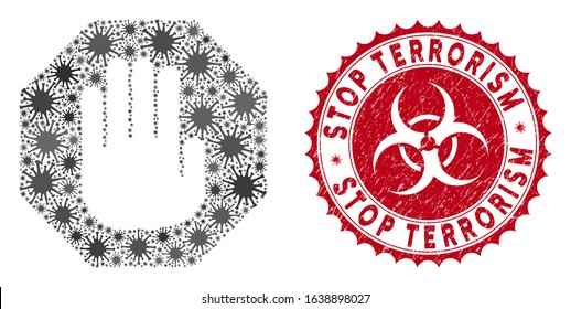 Coronavirus mosaic terminate icon and rounded rubber stamp seal with Stop Terrorism text. Mosaic vector is created with terminate icon and with scattered viral symbols.