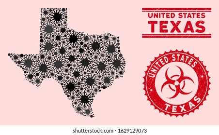 Coronavirus mosaic Texas map and red grunge stamp seals with biohazard sign. Texas map collage formed with randomized contagion symbols. Red round outbreak danger seal stamp, with dirty texture.