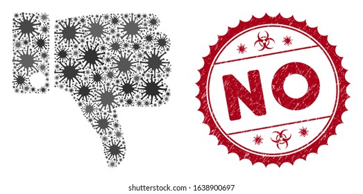 Coronavirus mosaic thumb down icon and rounded grunge stamp seal with No phrase. Mosaic vector is created with thumb down icon and with randomized microorganism icons.
