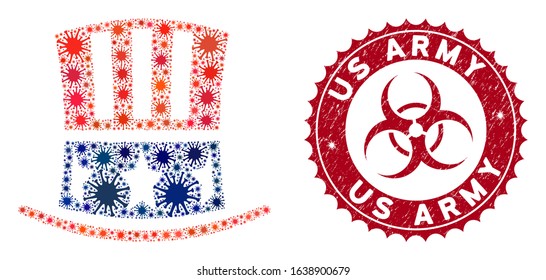 Coronavirus mosaic Uncle Sam hat icon and rounded rubber stamp watermark with Us Army text. Mosaic vector is formed with Uncle Sam hat icon and with randomized microbe elements.