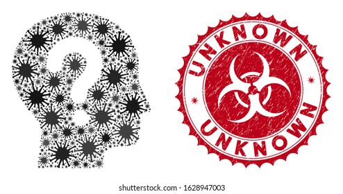 Coronavirus mosaic unknown icon and rounded rubber stamp watermark with Unknown phrase. Mosaic vector is formed with unknown icon and with random pandemic elements.