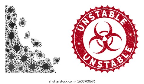 Coronavirus mosaic unstable stones icon and rounded grunge stamp seal with Unstable caption. Mosaic vector is designed with unstable stones icon and with random pathogen items.