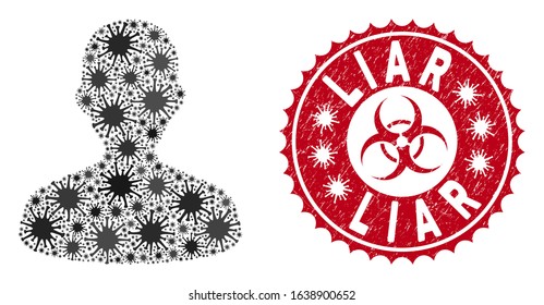 Coronavirus mosaic user icon and rounded grunge stamp watermark with Liar text. Mosaic vector is designed from user icon and with randomized viral symbols. Liar stamp seal uses biohazard style,