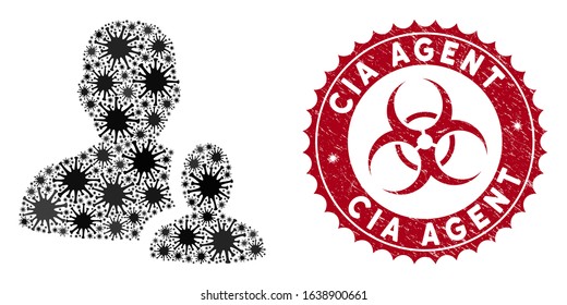 Coronavirus mosaic user manager icon and round rubber stamp watermark with CIA Agent phrase. Mosaic vector is formed with user manager icon and with randomized contagious symbols.