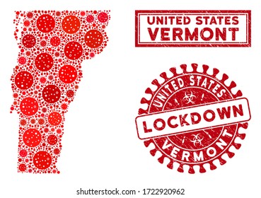 Coronavirus mosaic Vermont State map and rubber prints. Red rounded lockdown scratched seal. Vector coronavirus infection icons are united into mosaic Vermont State map.