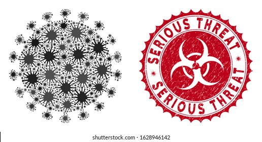 Coronavirus mosaic virus shell icon and round corroded stamp seal with Serious Threat phrase. Mosaic vector is formed with virus shell icon and with scattered epidemic elements.