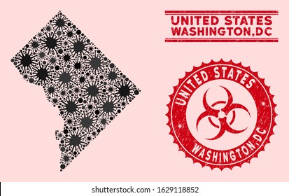 Coronavirus mosaic Washington DC map and red distressed stamp watermarks with biohazard sign. Washington DC map collage formed with random pathogen elements. Red rounded outbreak danger seal stamp,