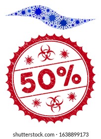 Coronavirus mosaic wave shape icon and rounded distressed stamp seal with 50% phrase. Mosaic vector is formed from wave shape icon and with scattered infectious objects.