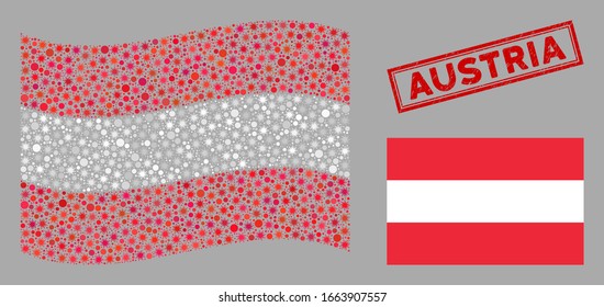 Mosaicos de coronavirus y bandera de Austria plana. El vector mosaico se crea con el icono de la bandera de Austria y con objetos de células microbianas aleatorias.