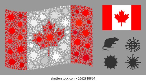 Coronavirus mosaic waving and flat Canada flag. Mosaic vector is created with Canada flag icon and with randomized bacillus items.