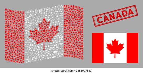 Coronavirus mosaic waving and flat Canada flag. Mosaic vector is designed with Canada flag icon and with randomized contagion symbols.