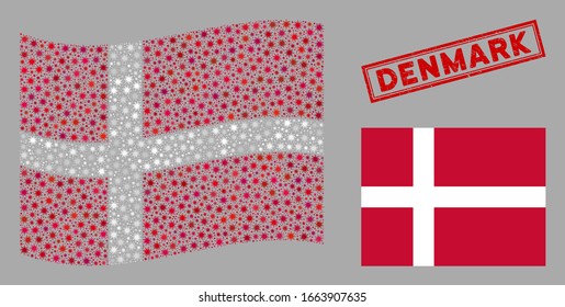 Coronavirus mosaic waving and flat Denmark flag. Mosaic vector is created with Denmark flag icon and with random epidemic symbols.