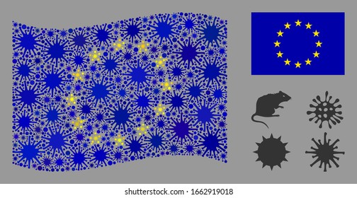 Coronavirus mosaic waving and flat Europe flag. Mosaic vector is composed with Europe flag pictogram and with scattered infectious symbols.