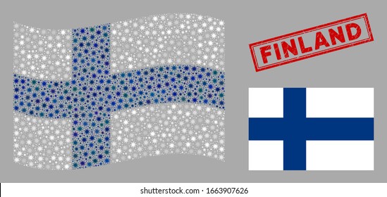 Coronavirus mosaic waving and flat Finland flag. Mosaic vector is created with Finland flag icon and with random epidemic objects.