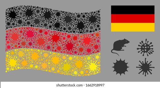 Coronavirus mosaic waving and flat Germany flag. Mosaic vector is formed with Germany flag icon and with random mers-cov objects.