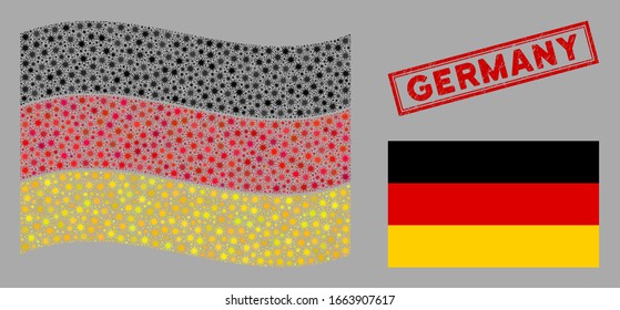 Coronavirus mosaic winkend und flach Deutschland Flagge. Mosaike Vektorillustration besteht aus Piktogramm unter deutscher Flagge und verstreuten Bakterienobjekten.