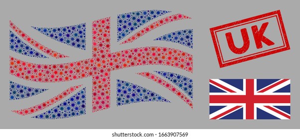 Mosaico de coronavirus y bandera plana del Reino Unido. El vector mosaico se crea con el pictograma de bandera del Reino Unido y con elementos de pandemia dispersos.