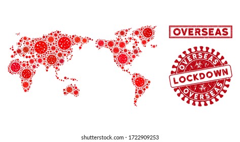 Mapa mundial de mosaicos de Coronavirus y sellos. Sello rojo de emergencia de bloqueo circular. Los elementos patógenos del coronavirus vectorial se componen en un mapa mundial de mosaicos. Combinación de vectores para medicina,