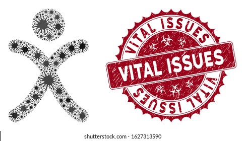 Coronavirus mosaic x generation boy icon and round rubber stamp watermark with Vital Issues caption. Mosaic vector is formed with x generation boy icon and with randomized microbe cell objects.