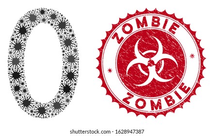 Coronavirus mosaic zero digit icon and rounded corroded stamp seal with Zombie caption. Mosaic vector is formed with zero digit pictogram and with random microbe icons.