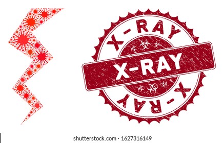 Coronavirus mosaic zigzag strike icon and rounded corroded stamp seal with X-Ray caption. Mosaic vector is formed from zigzag strike icon and with random pandemic elements.